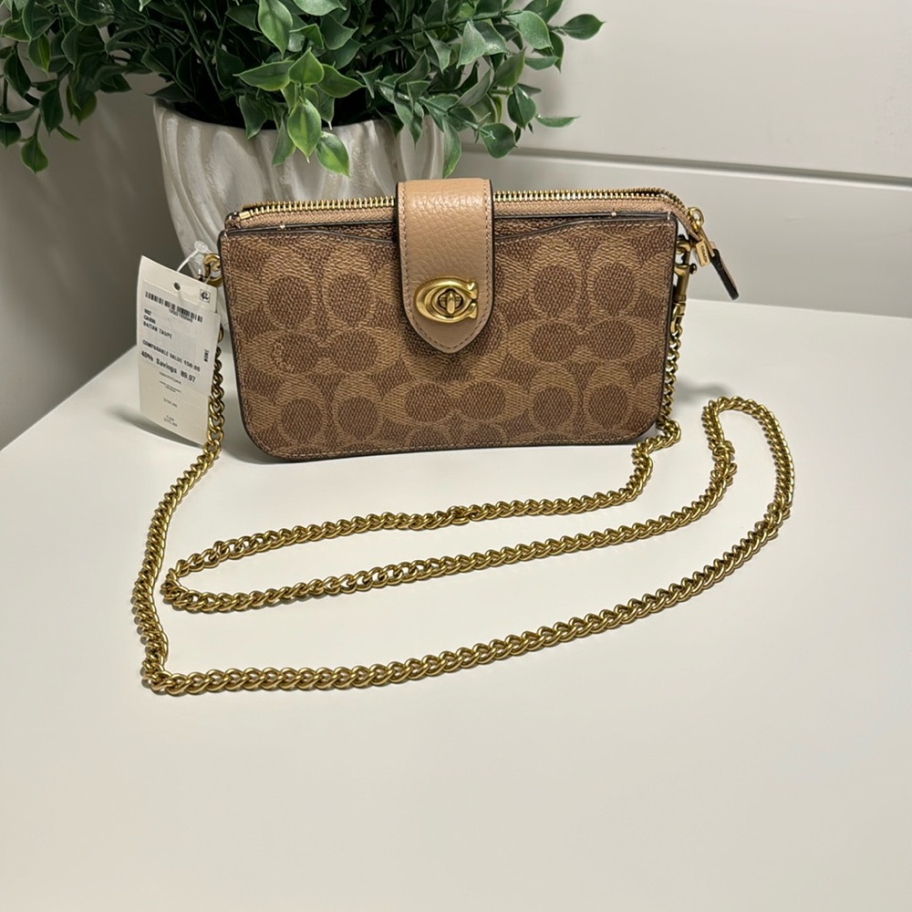 Coach Coach Signature Coated Canvas in Tan Taupe Turn Lock Small Crossbody